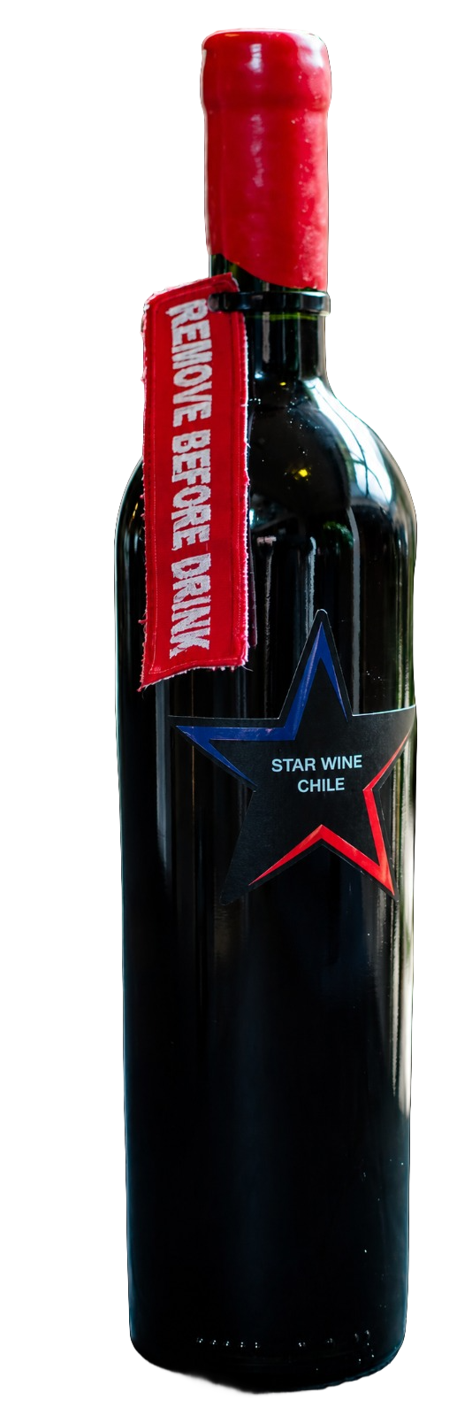 Botella Star Wine Carménère, edición limitada espacial con etiqueta navy y roja